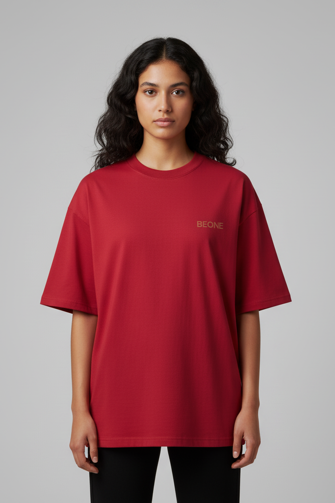 Person wearing a red t-shirt with a brand logo on a gray background