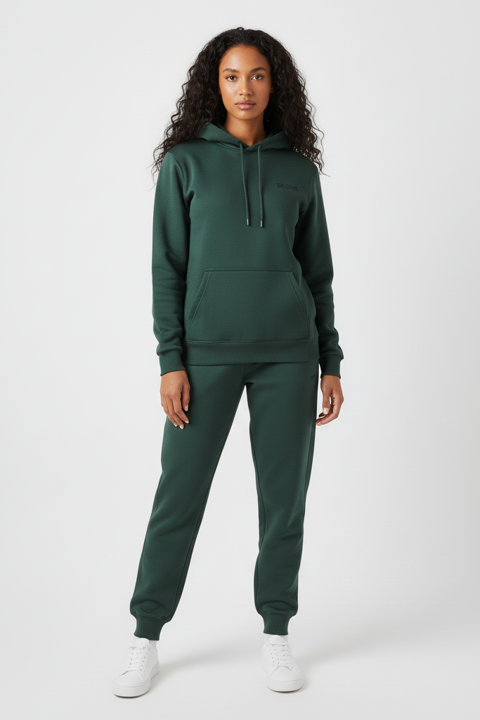 Woman wearing a green tracksuit on a white background